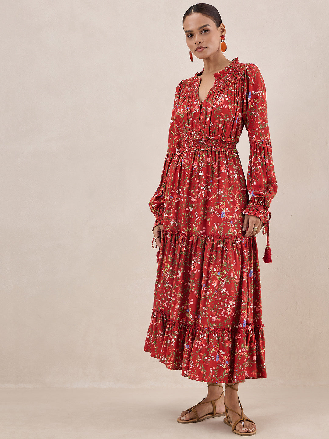 Rust Floral Smocked Tiered Maxi Dress