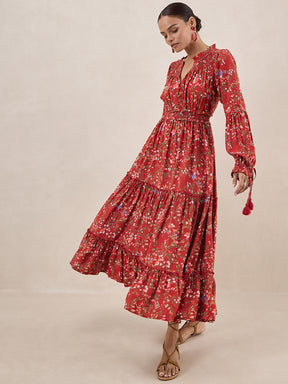 Rust Floral Smocked Tiered Maxi Dress