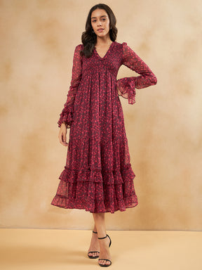 Wine Floral Printed Smocked Tiered Maxi Dress
