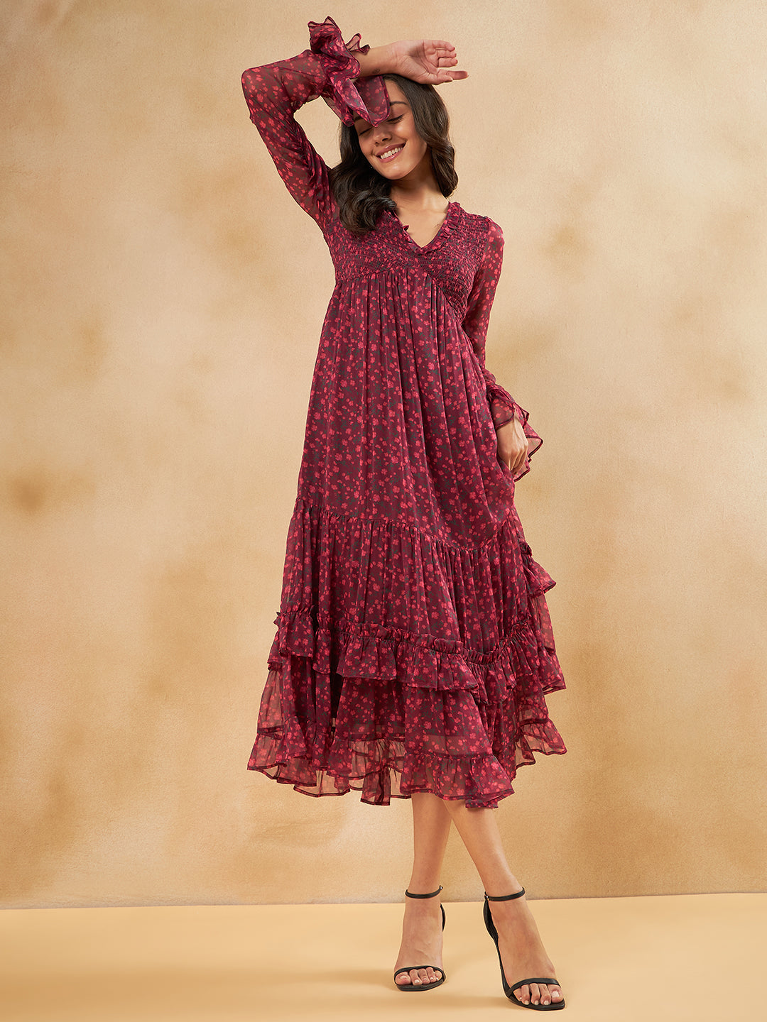 Wine Floral Printed Smocked Tiered Maxi Dress