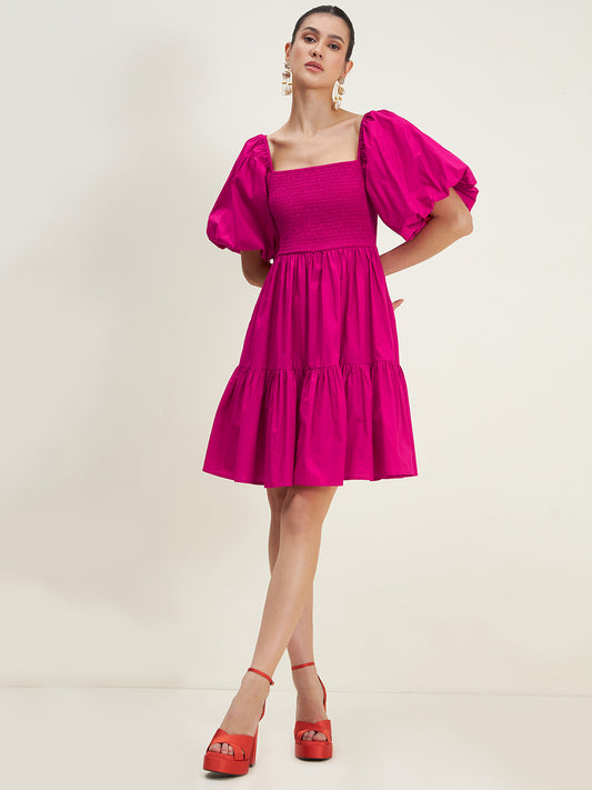 Pink Cotton Smocked Mini Tiered Dress