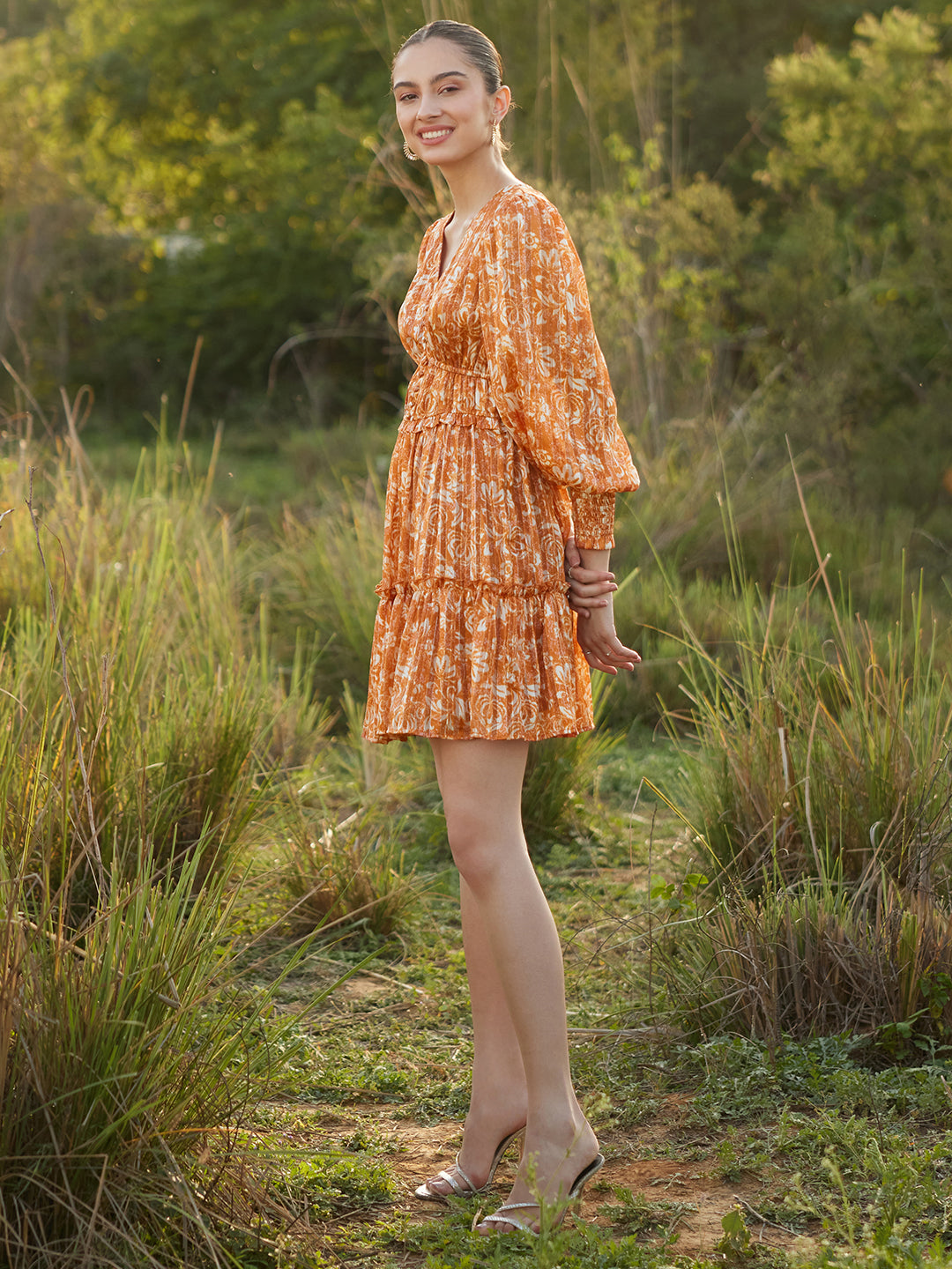 Orange Floral Lurex Tiered Mini Dress