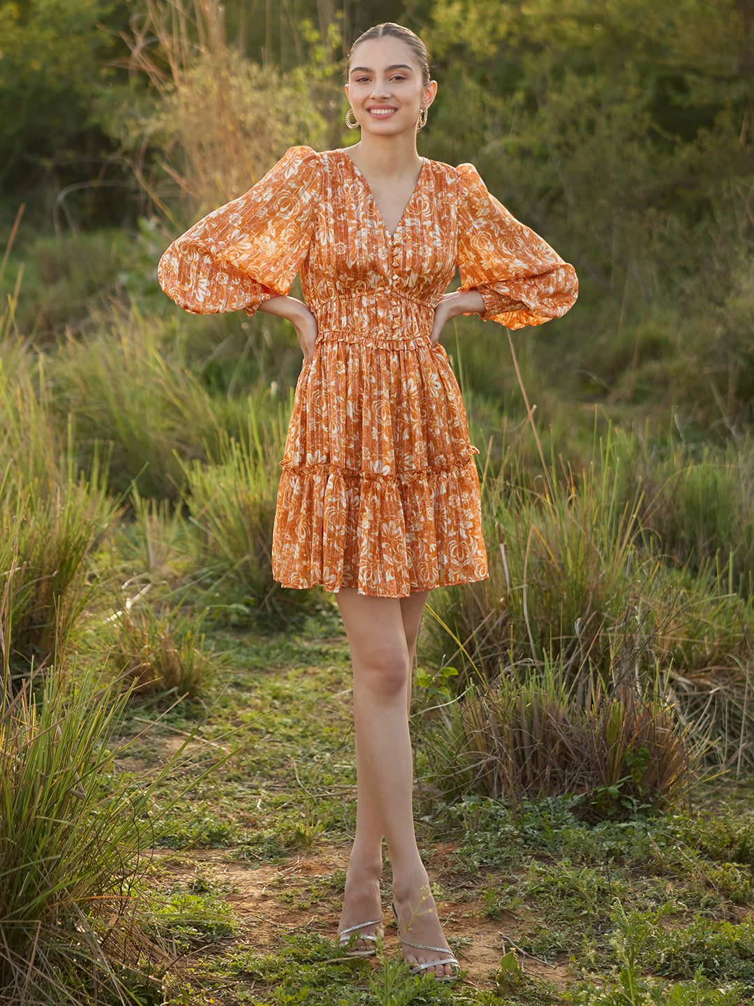 Orange Floral Lurex Tiered Mini Dress