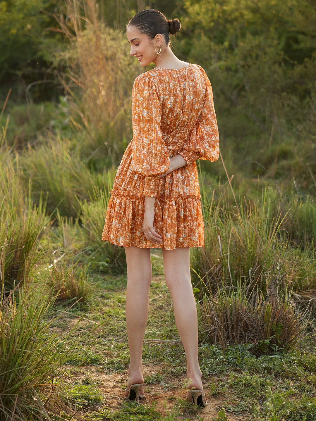 Orange Floral Lurex Tiered Mini Dress