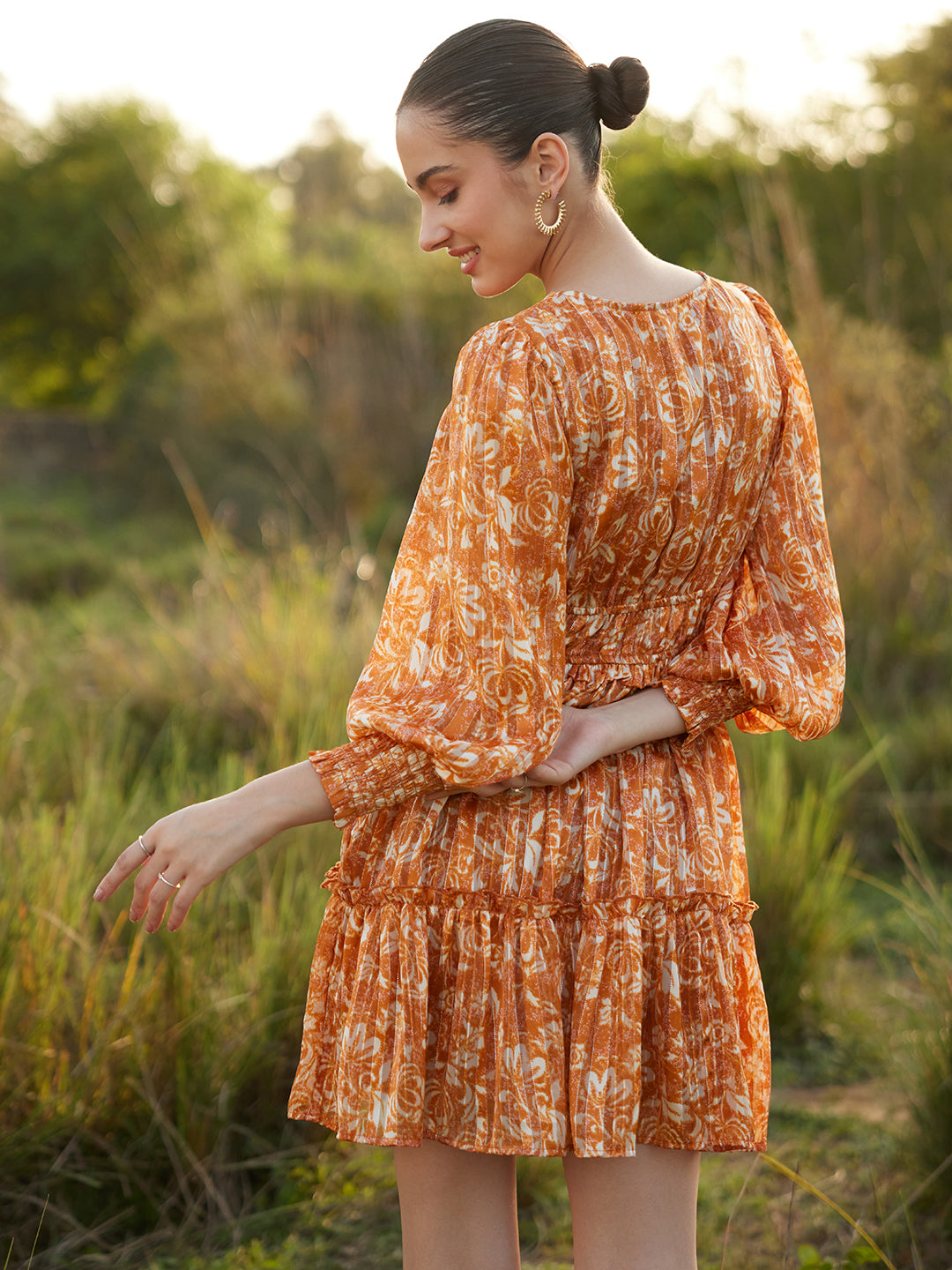 Orange Floral Lurex Tiered Mini Dress