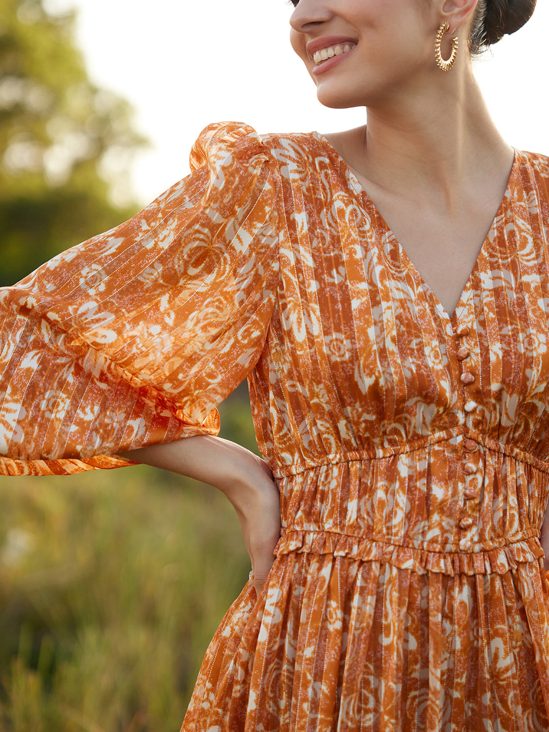 Orange Floral Lurex Tiered Mini Dress
