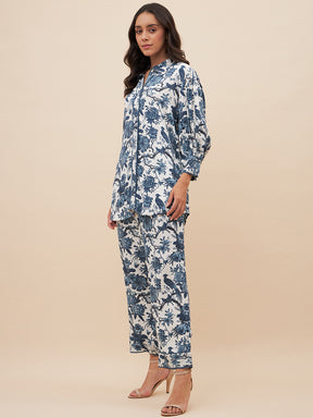 Blue Tropical Print Top Stitch Detail Coord Set