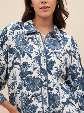 Blue Tropical Print Top Stitch Detail Coord Set