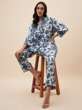 Blue Tropical Print Top Stitch Detail Coord Set