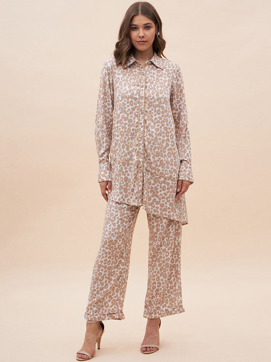 Beige Animal Printed Shirt Co-Ord Set