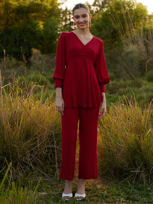 Red Crinkled Asymmetric Co-Ord Set
