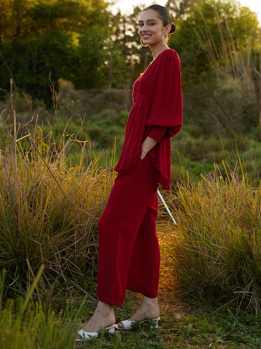 Red Crinkled Asymmetric Co-Ord Set