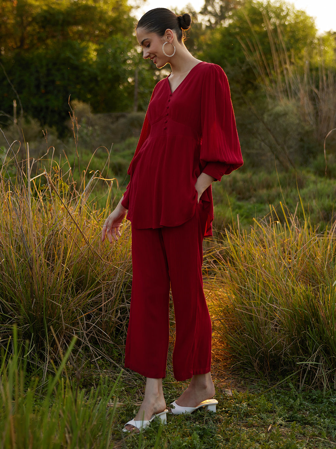 Red Crinkled Asymmetric Co-Ord Set