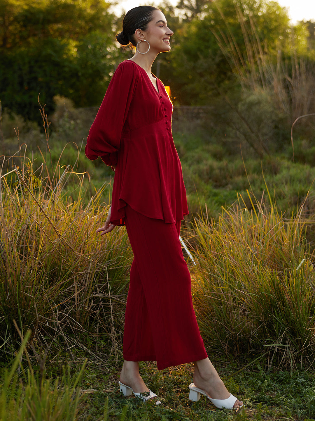 Red Crinkled Asymmetric Co-Ord Set