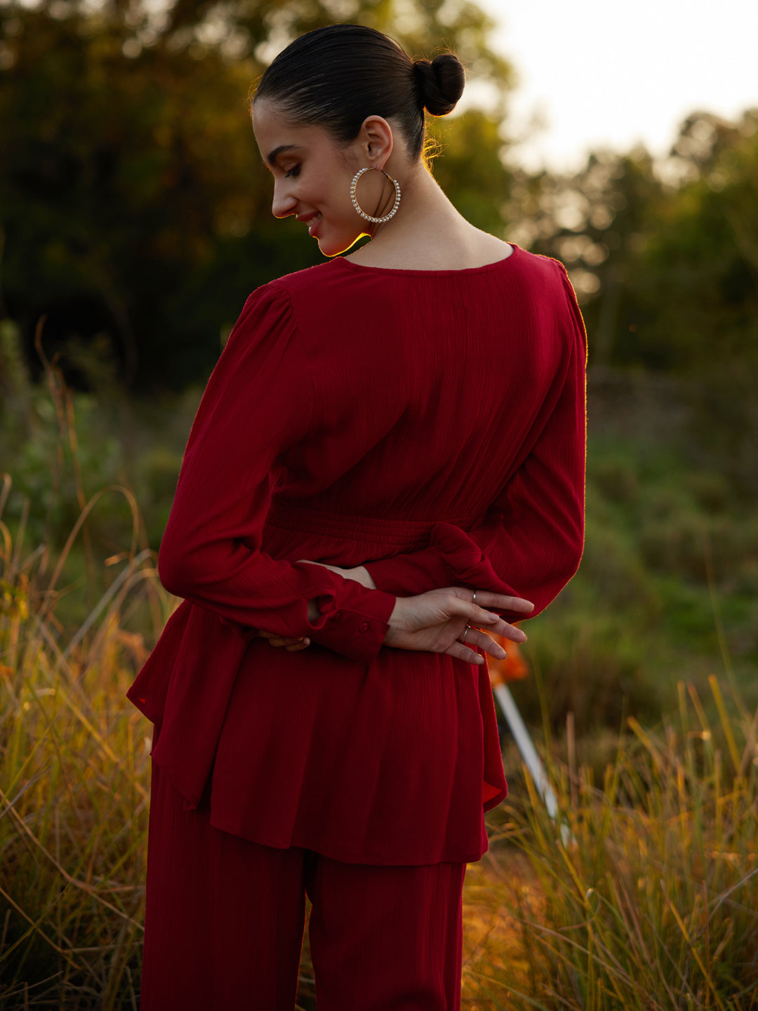 Red Crinkled Asymmetric Co-Ord Set