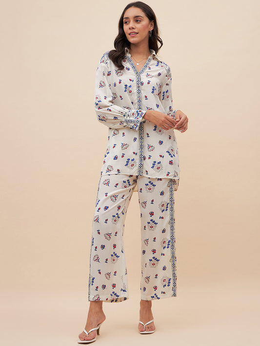 Off White Border Print Shirt Co-Ord Set