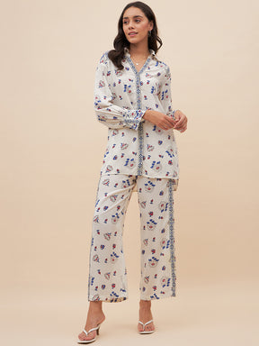 Off White Border Print Shirt Co-Ord Set