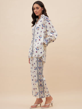 Off White Border Print Shirt Co-Ord Set