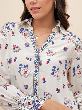 Off White Border Print Shirt Co-Ord Set