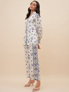 Off White Border Print Shirt Co-Ord Set