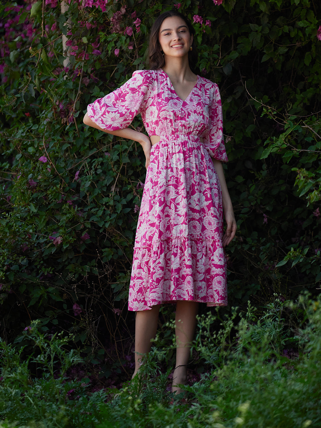 Pink And White Floral Cutout Tiered Midi Dress