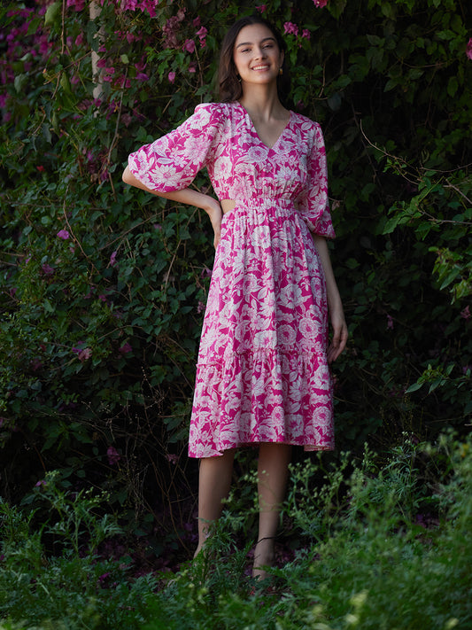 Pink And White Floral Cutout Tiered Midi Dress