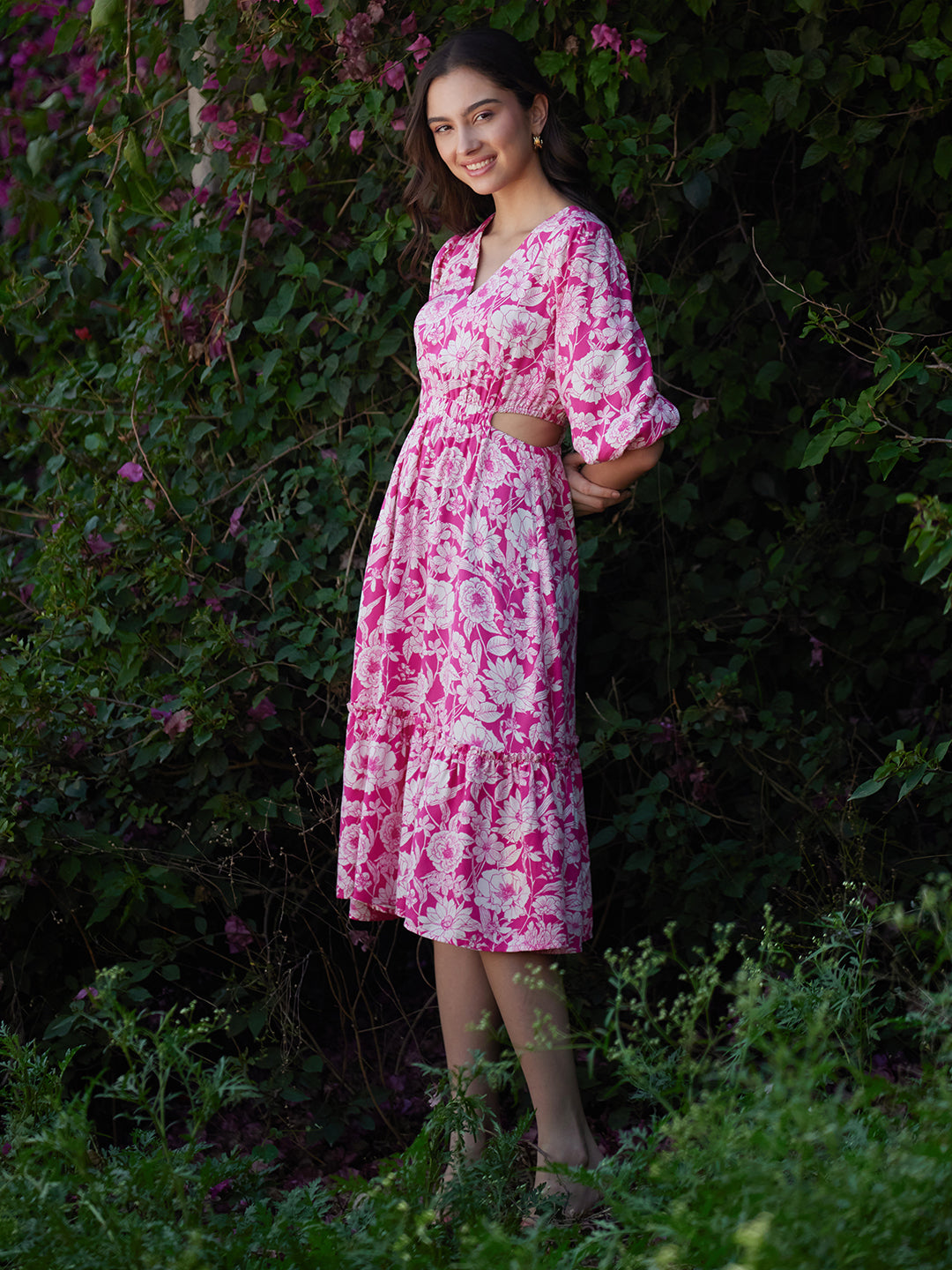Pink And White Floral Cutout Tiered Midi Dress