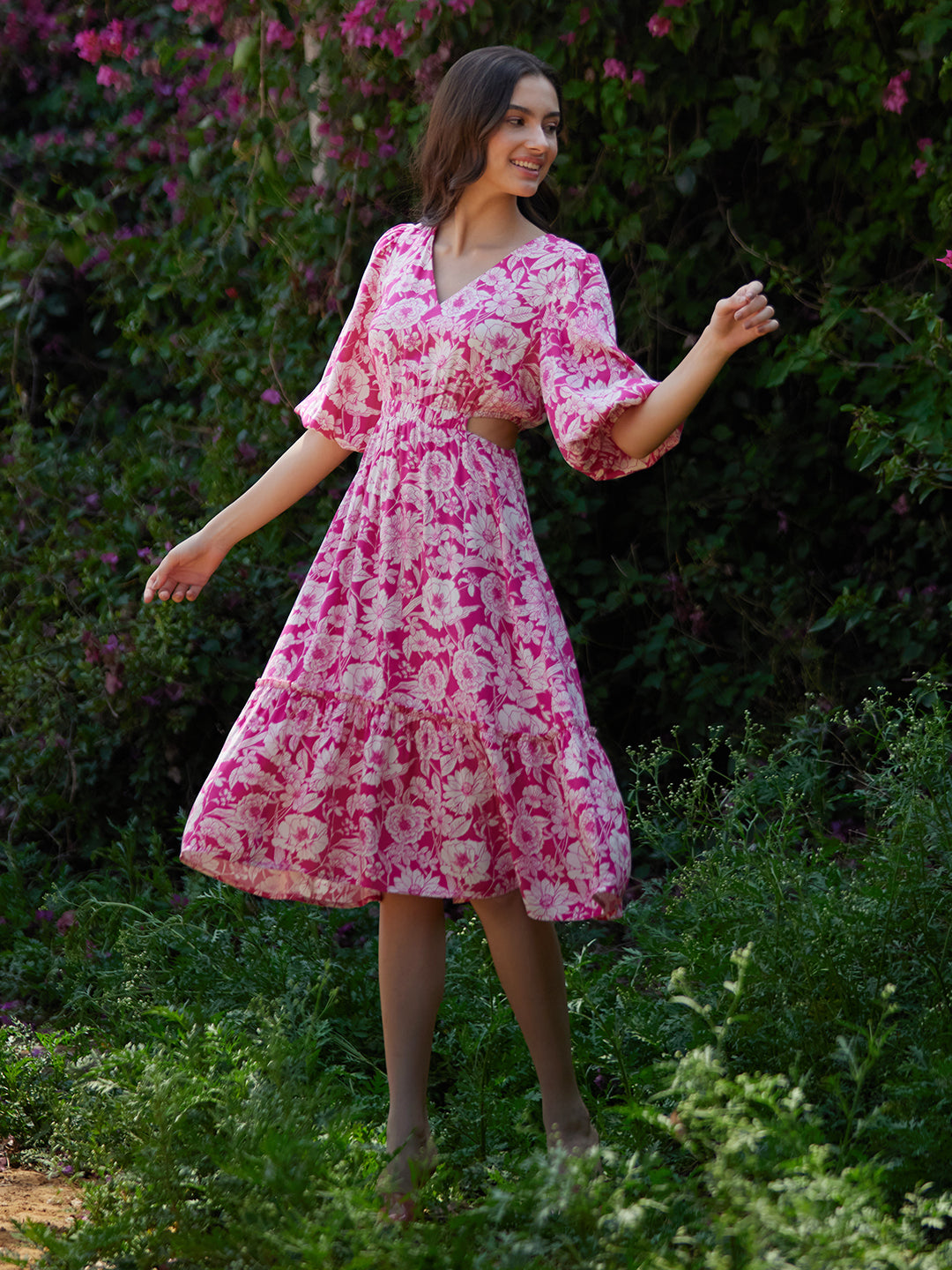 Pink And White Floral Cutout Tiered Midi Dress