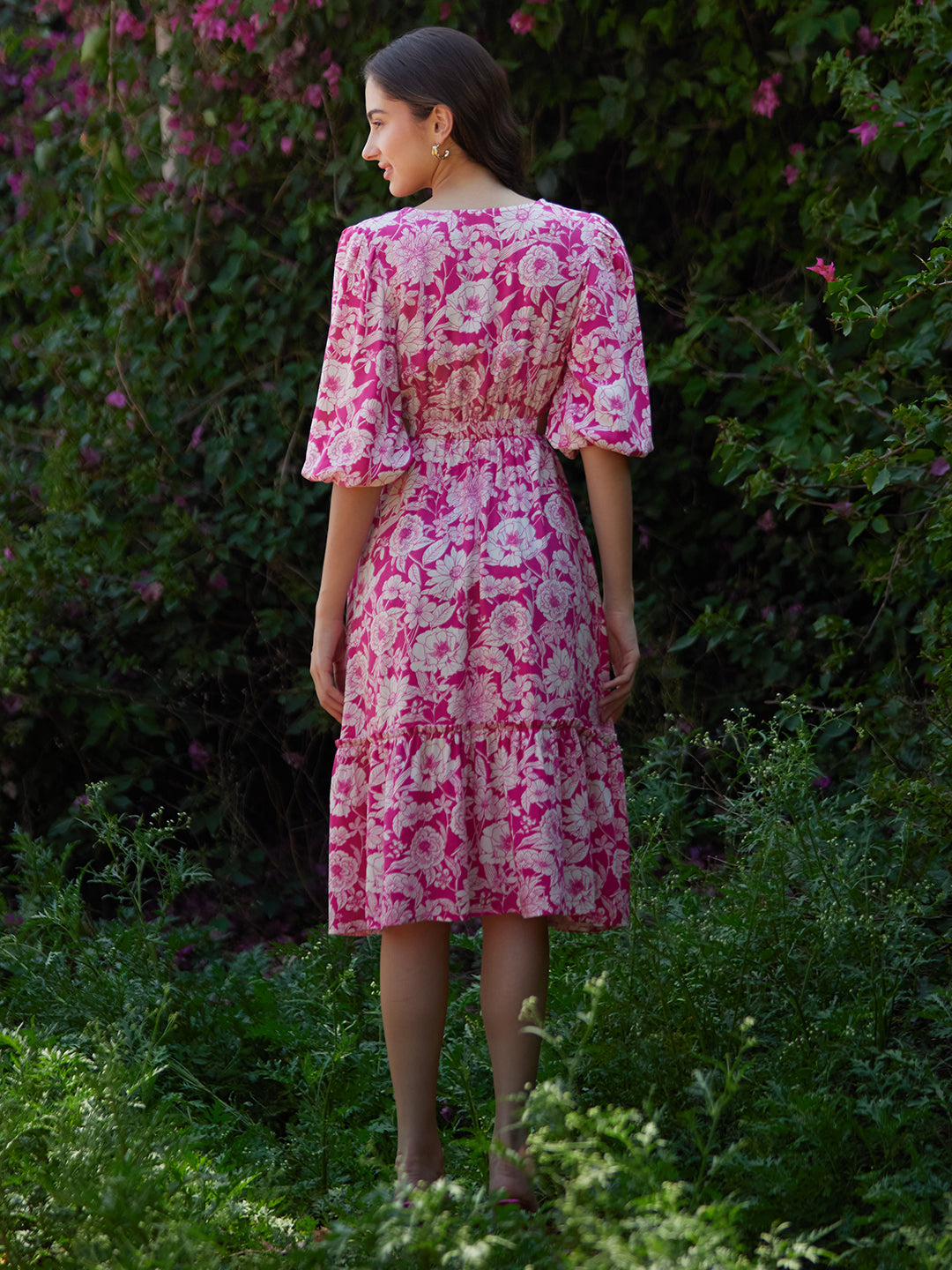 Pink And White Floral Cutout Tiered Midi Dress