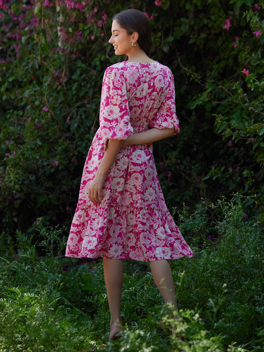 Pink And White Floral Cutout Tiered Midi Dress
