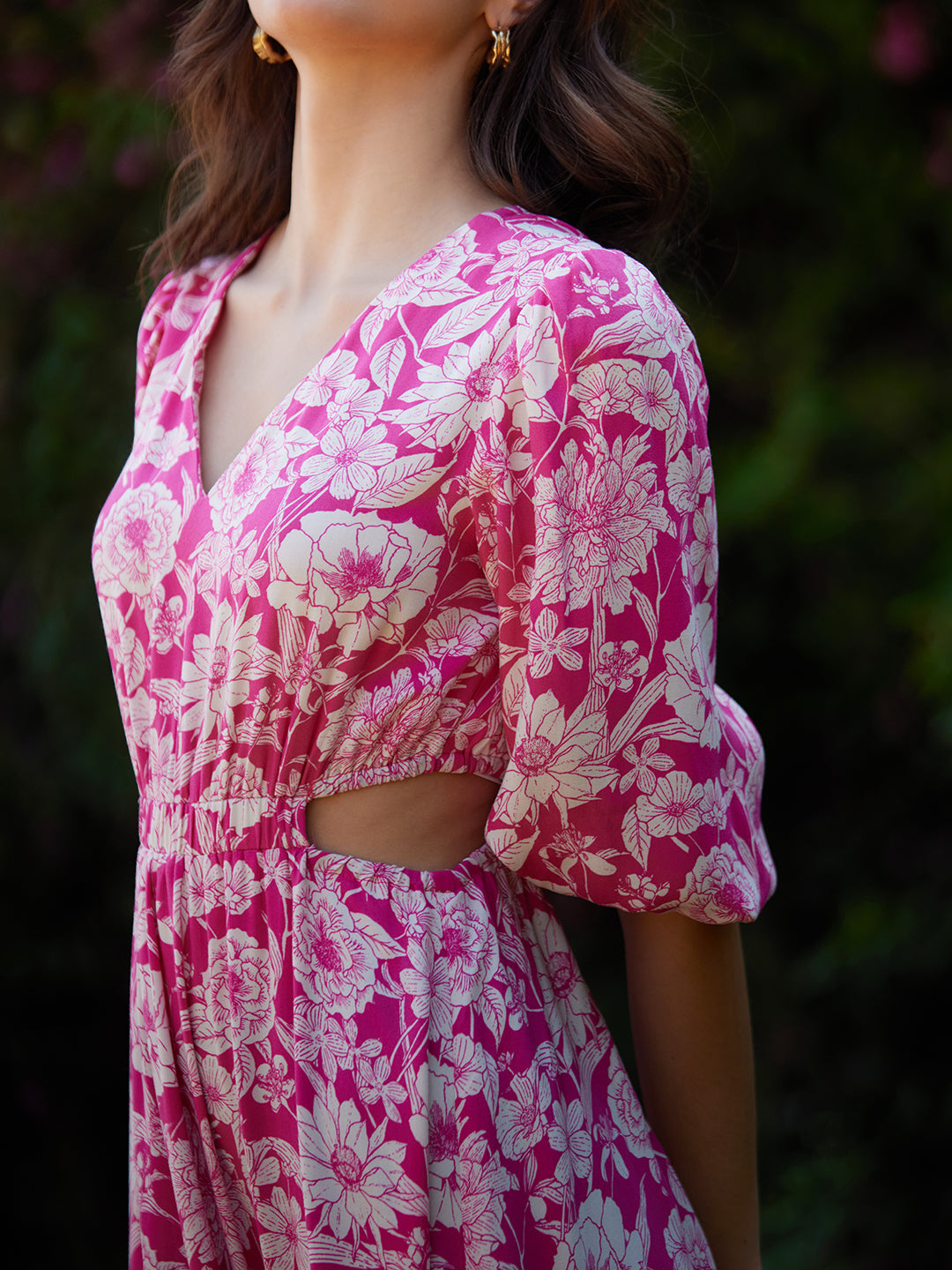 Pink And White Floral Cutout Tiered Midi Dress
