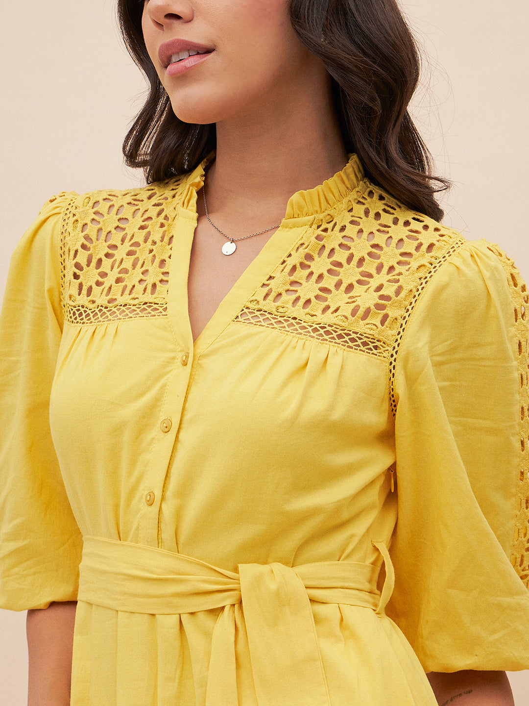 Yellow Cotton Schiffli Maxi Dress