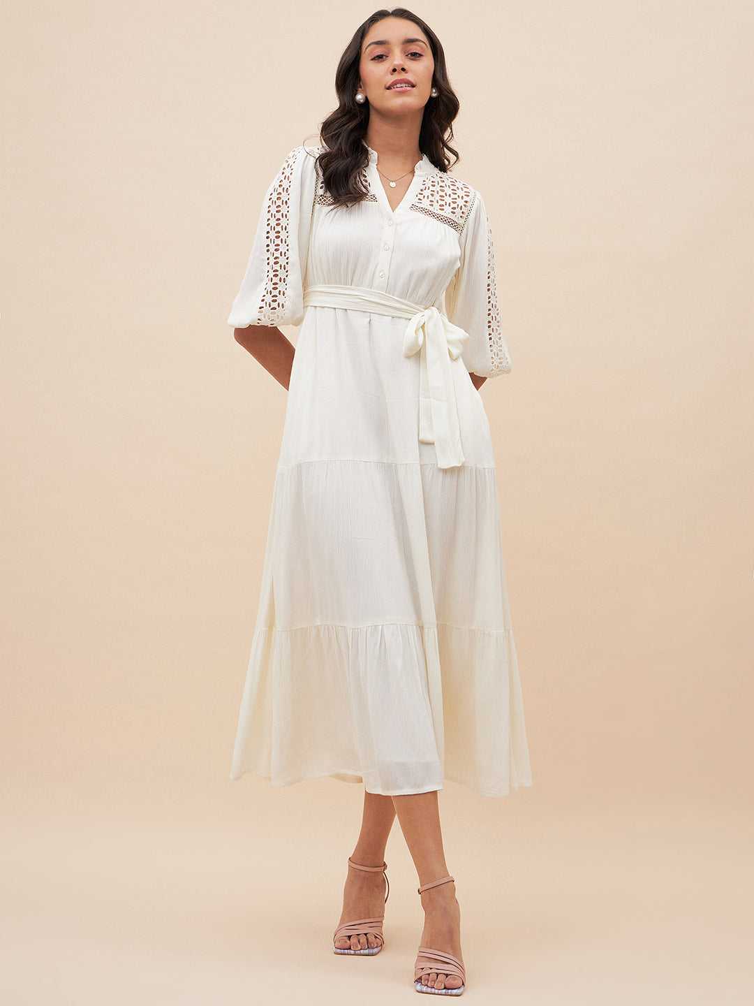 White Schiffli Detail Belted Maxi Dress