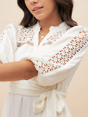 White Schiffli Detail Belted Maxi Dress