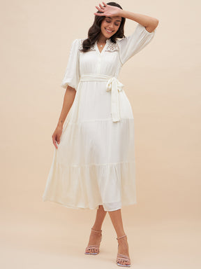 White Schiffli Detail Belted Maxi Dress