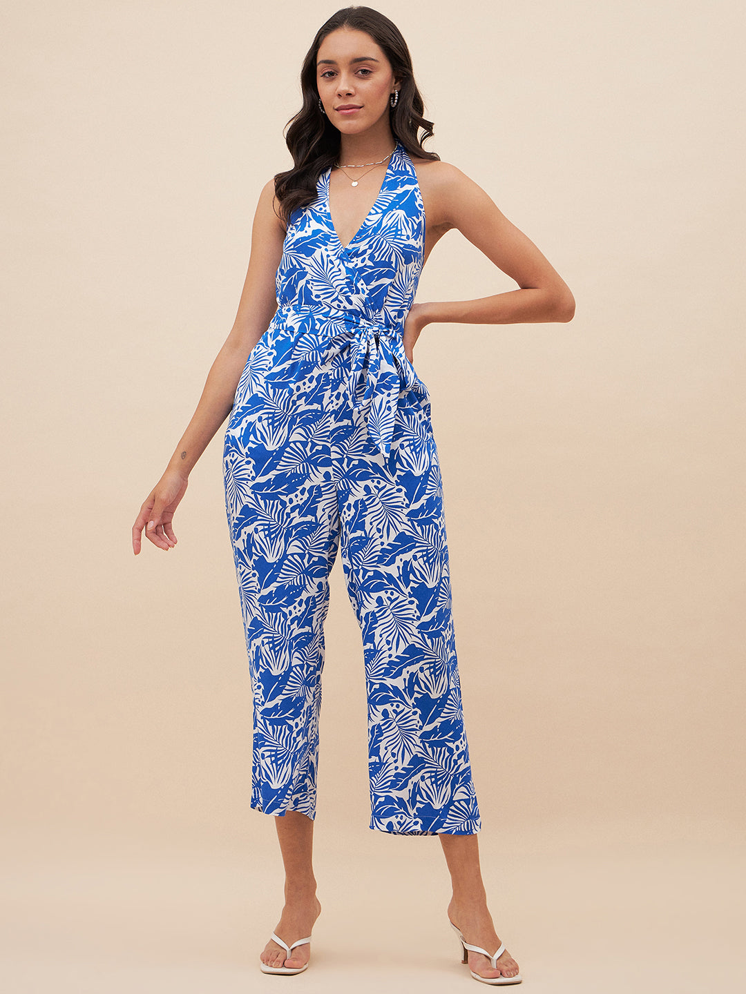 Blue Leaf Print Halter Neck Jumpsuit