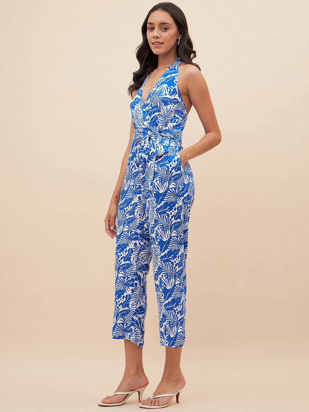Blue Leaf Print Halter Neck Jumpsuit