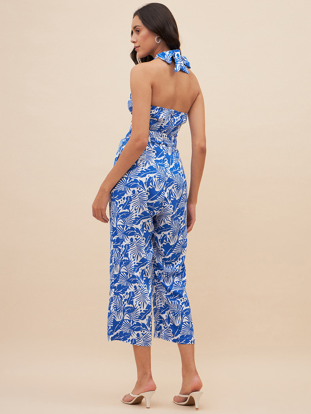 Blue Leaf Print Halter Neck Jumpsuit