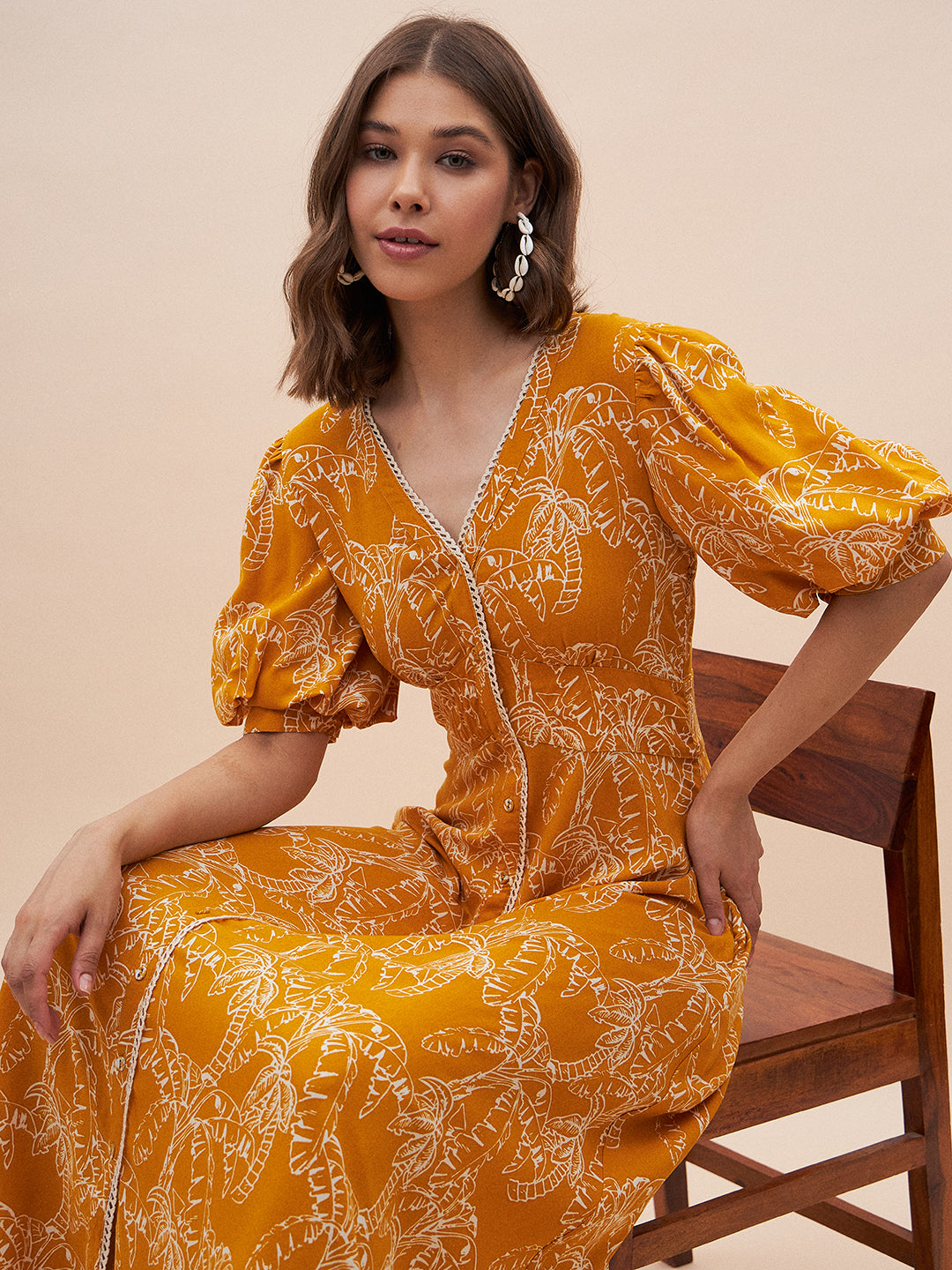 Mustard Palm Print Lace Detail Maxi Dress