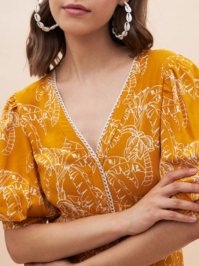 Mustard Palm Print Lace Detail Maxi Dress