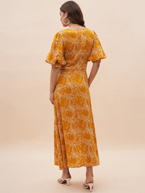 Mustard Palm Print Lace Detail Maxi Dress