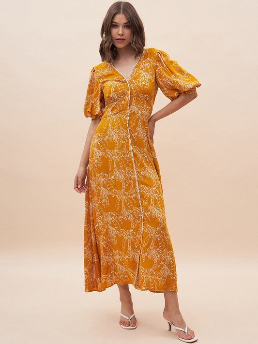 Mustard Palm Print Lace Detail Maxi Dress