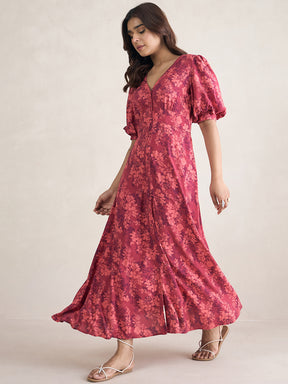 Red Floral Print Button Down Maxi Dress