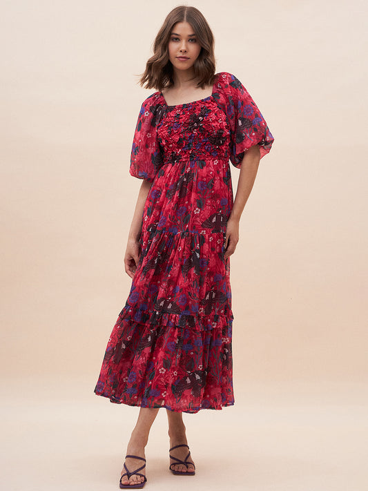 Red Bird Print Smocked Tiered Maxi Dress