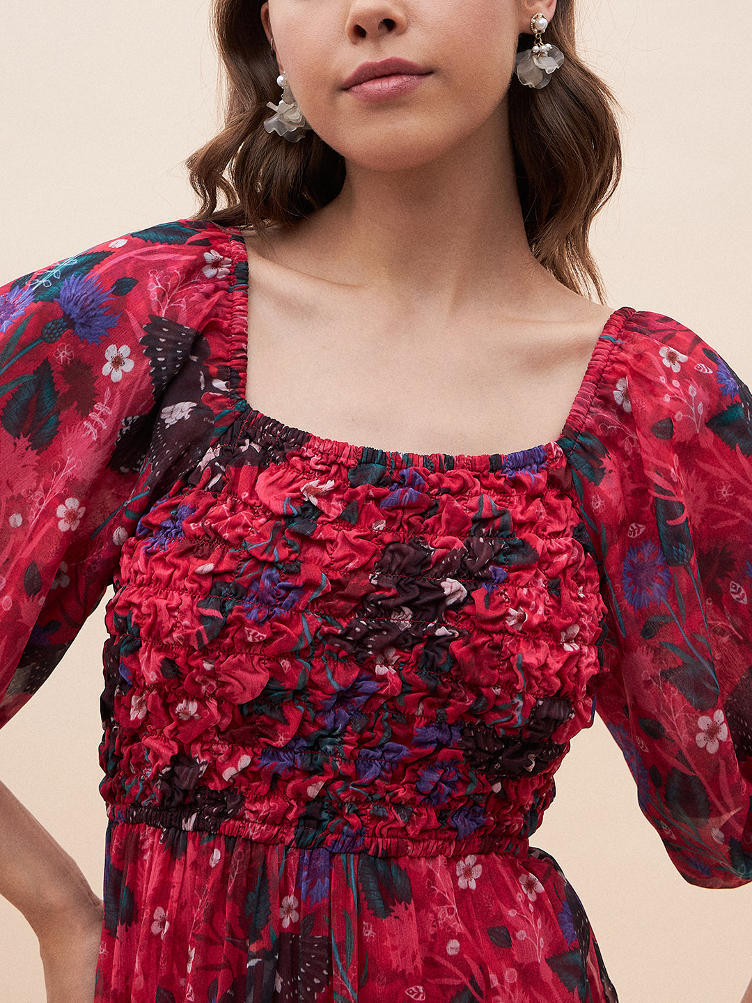 Red Bird Print Smocked Tiered Maxi Dress