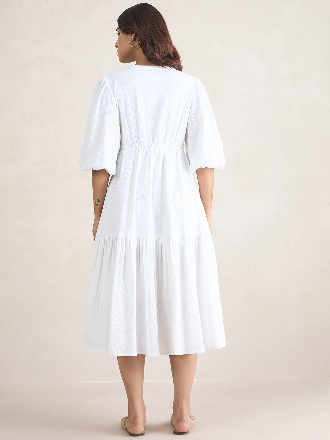 White Cotton Knot Detail Midi Dress