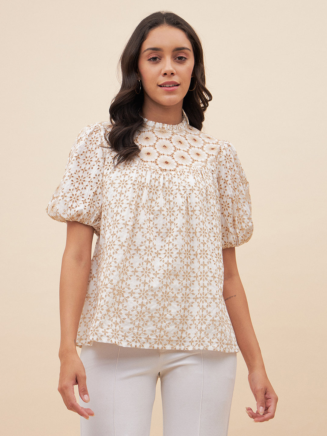 Beige Cotton Schiffli Top