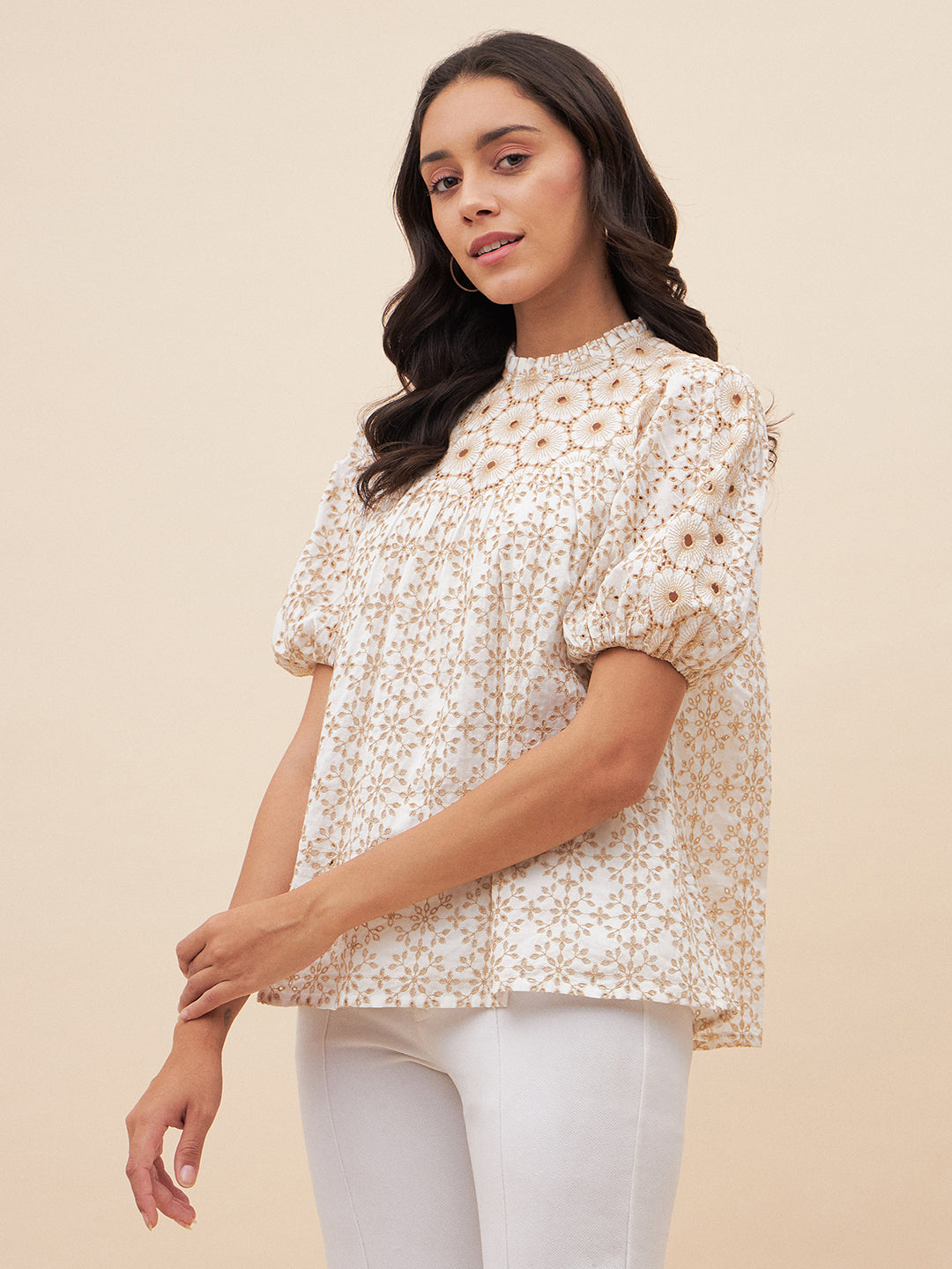 Beige Cotton Schiffli Top