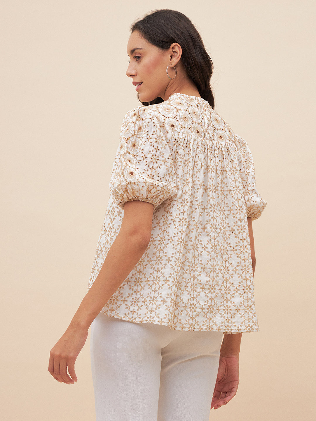Beige Cotton Schiffli Top