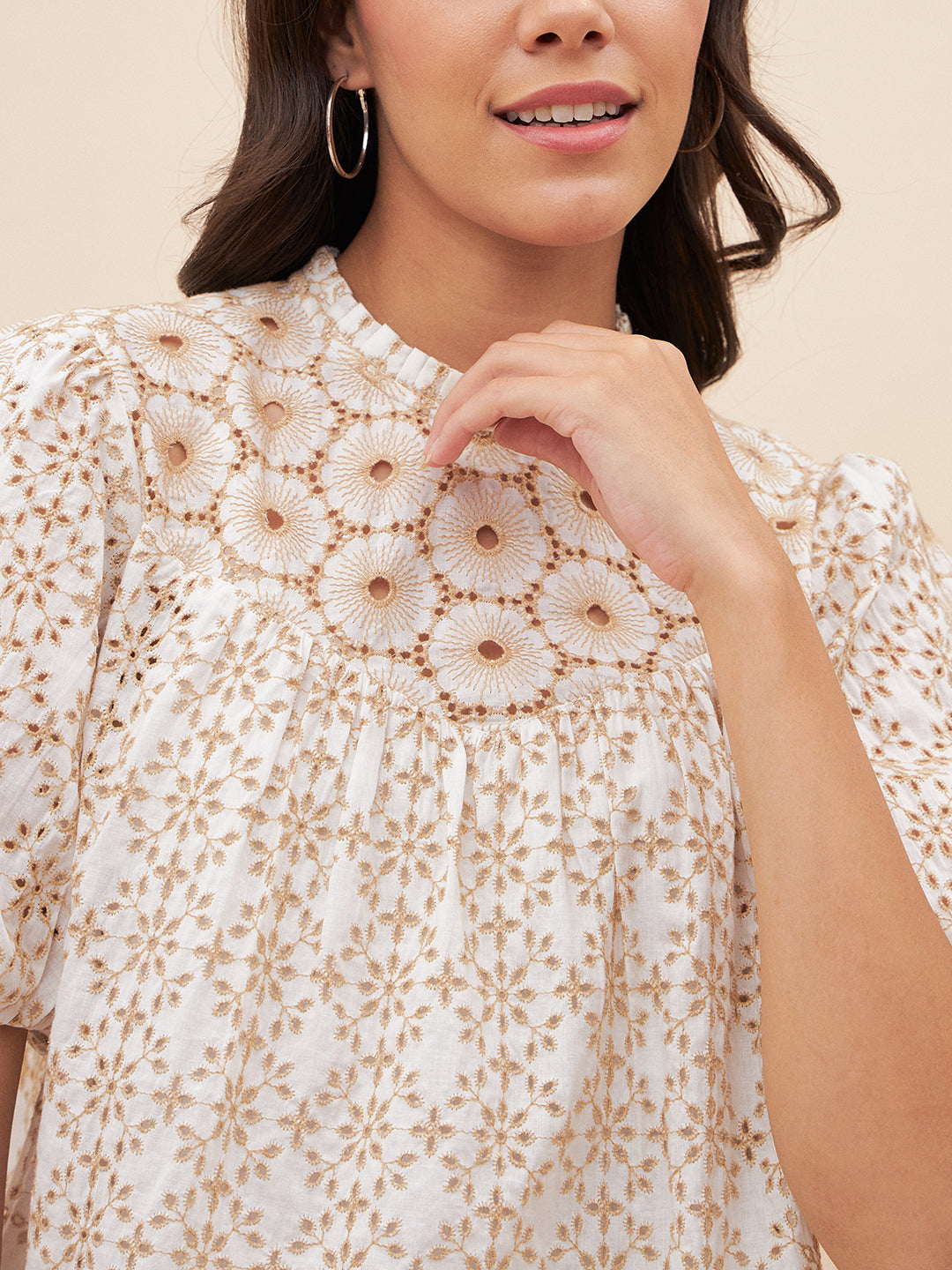 Beige Cotton Schiffli Top